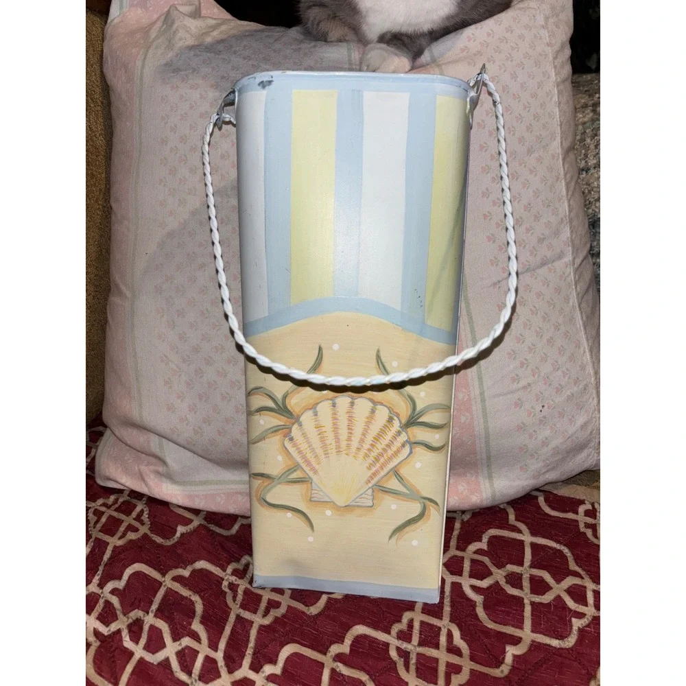 Coastal Seashell Hand Painted Metal Wall Pocket Hanging Tin Basket Blue Yellow